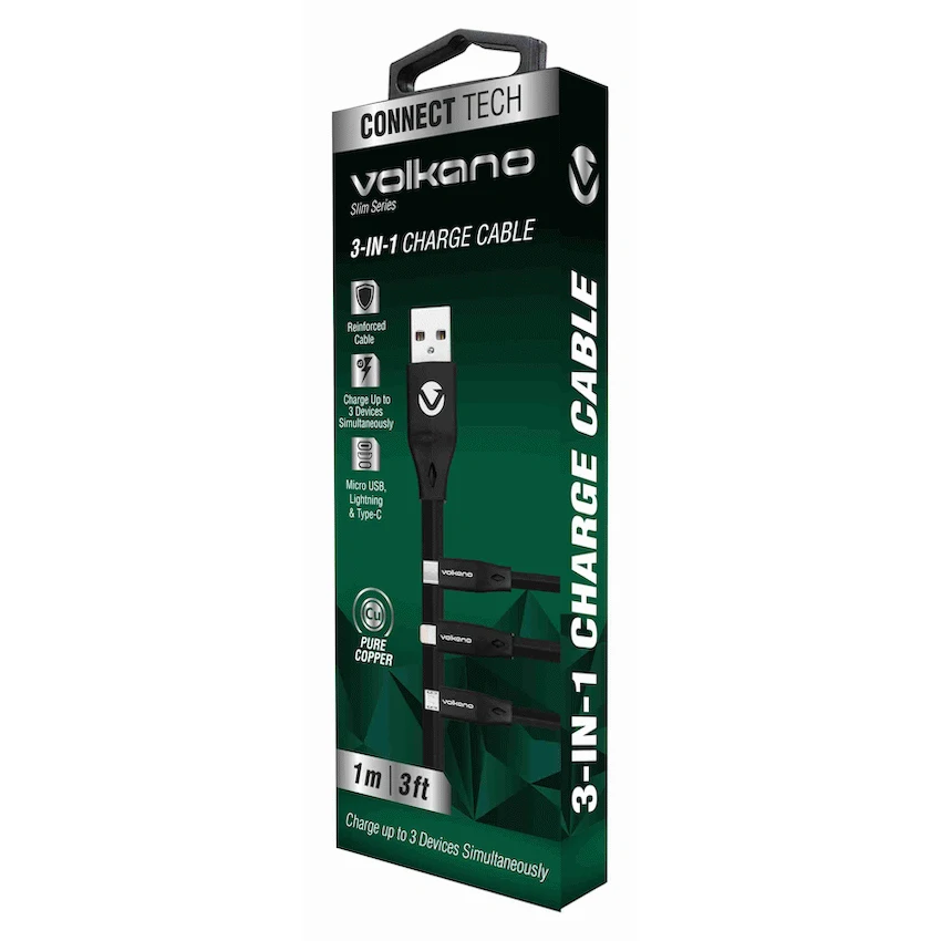 Volkano Slim Series Flat PVC 3-in-1 (Type-C / Lightning / Micro) Cable 1m - Black - Image 3