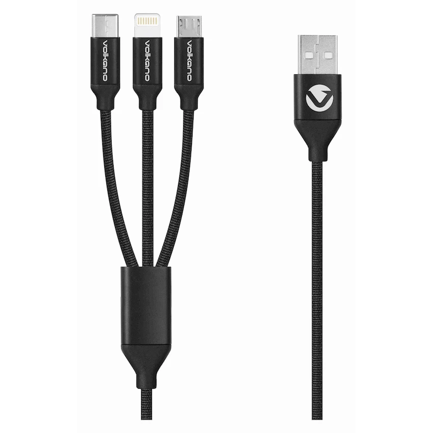 Volkano Weave Series Fabric Braided 3-in-1 (Type-C/Lightning/Micro) Cable 1m - Black - Image 2