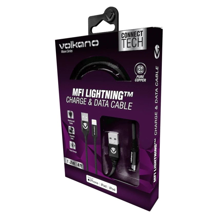 Volkano Weave Series Fabric Braided MFI Lightning Cable 1.2m - Black - Image 3