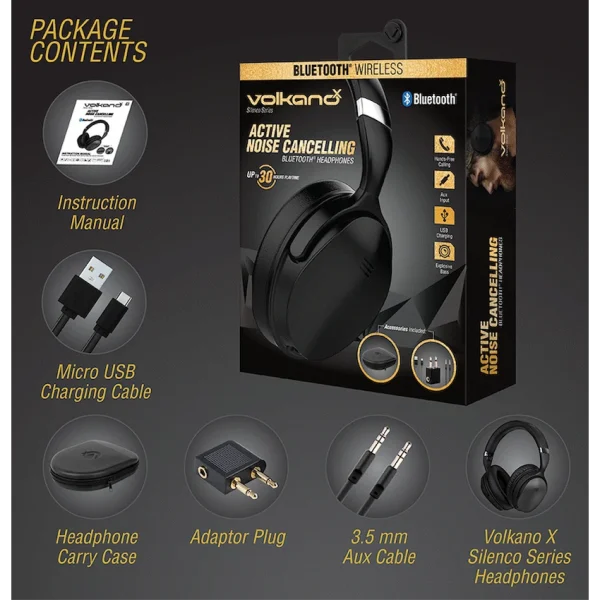 VolkanoX Silenco Series Active Noise-Cancelling Bluetooth Headphones - Black - Image 3