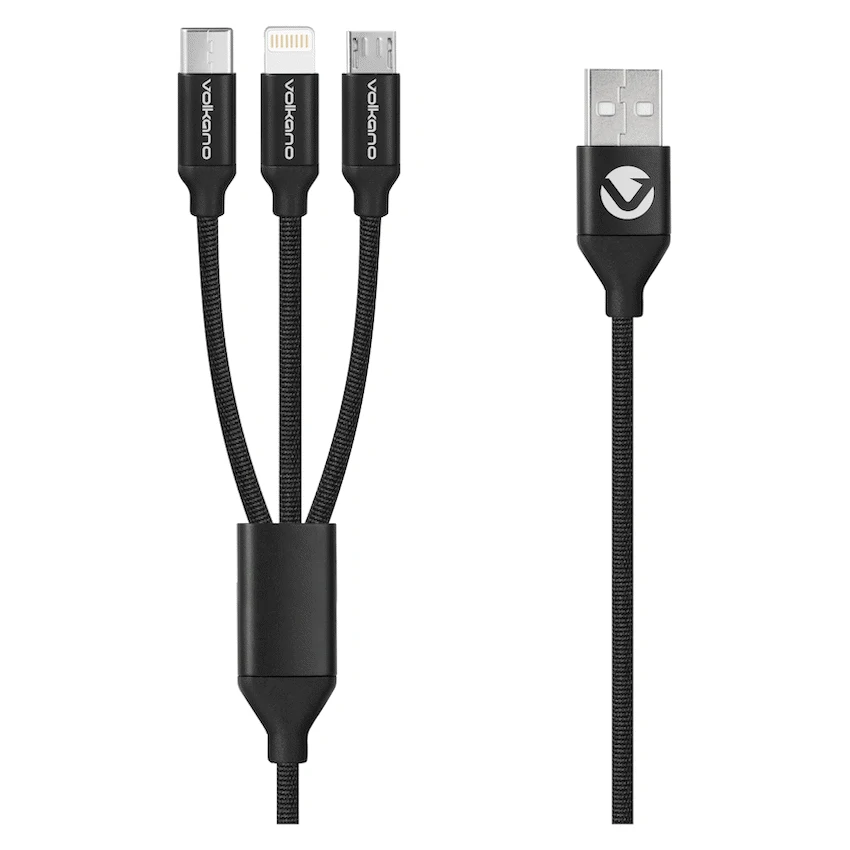 Volkano Weave Series Fabric Braided 3-in-1 (Type-C/Lightning/Micro) Cable 1m - Black - Image 3