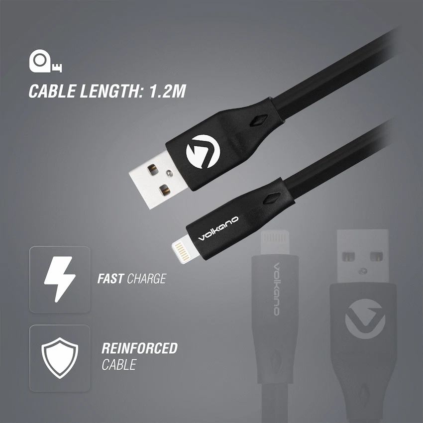 Volkano Slim Series Flat PVC Lightning Cable 1.2m - Black - Image 3