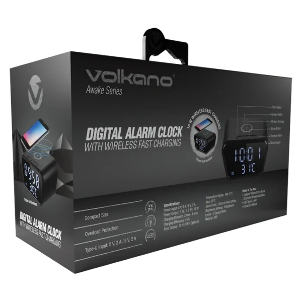 Volkano Awake Series Alarm Clock with Wireless Charging - Black - Image 2
