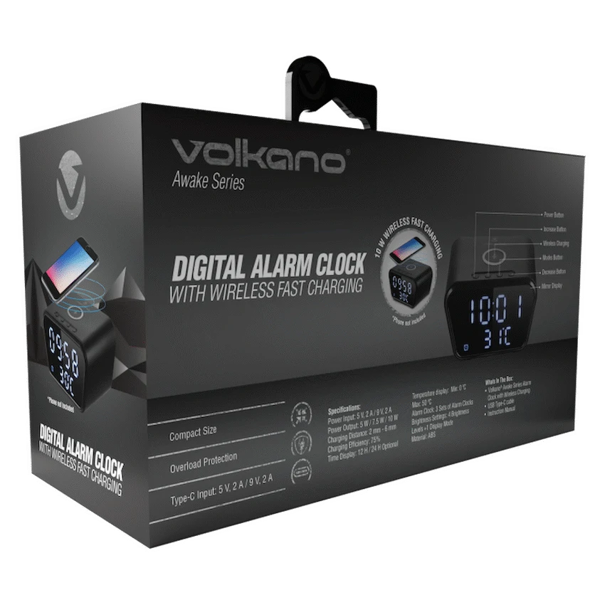 Volkano Awake Series Alarm Clock with Wireless Charging - Black - Image 2