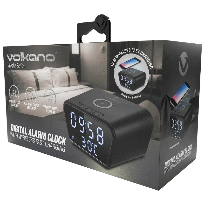 Volkano Awake Series Alarm Clock with Wireless Charging - Black