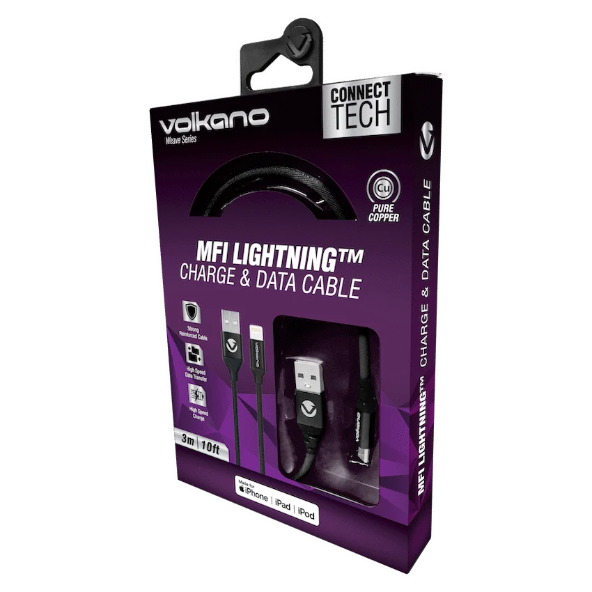 Volkano Weave Series Fabric Braided MFI Lightning Cable 3m - Black - Image 3