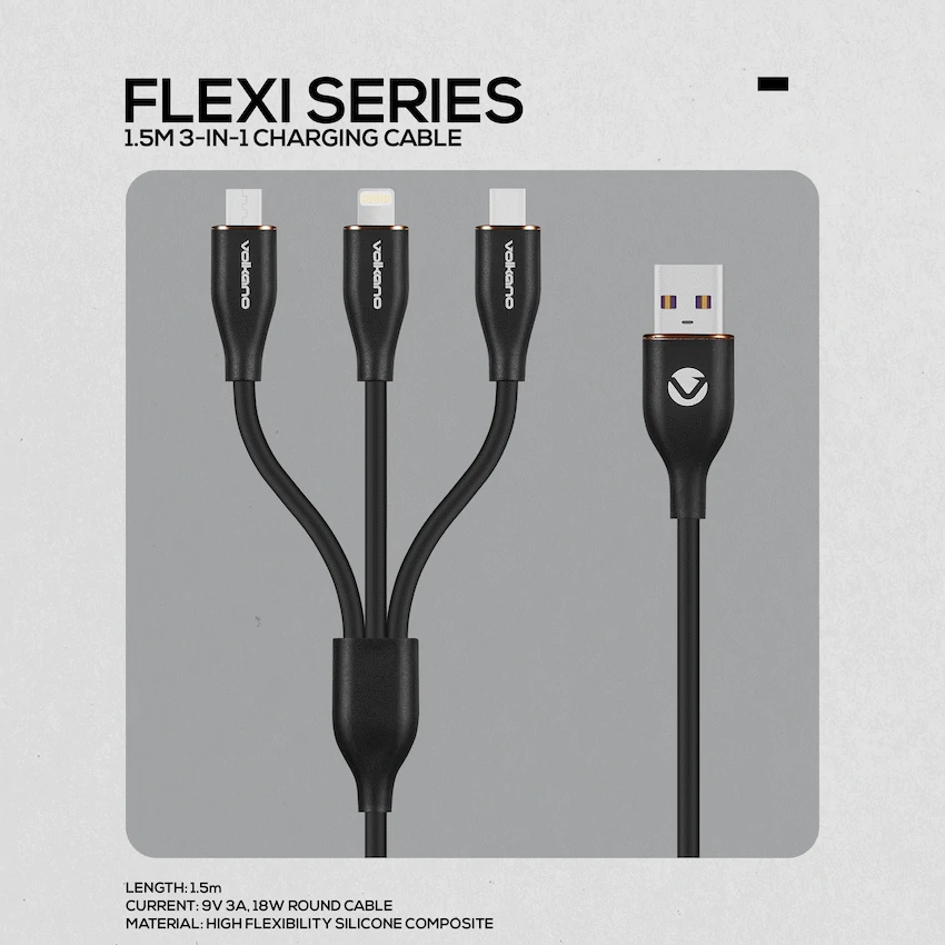 Volkano Flexi Series 3-in-1 Charging Cable - Black - Image 2