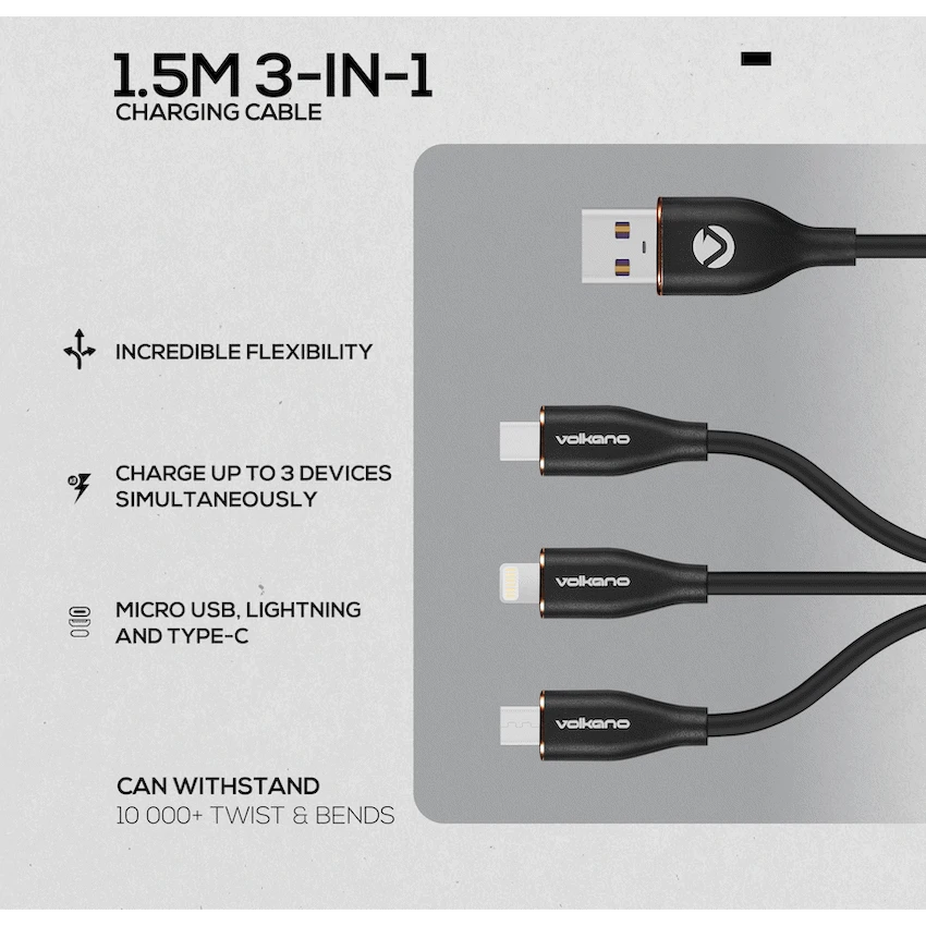 Volkano Flexi Series 3-in-1 Charging Cable - Black - Image 3