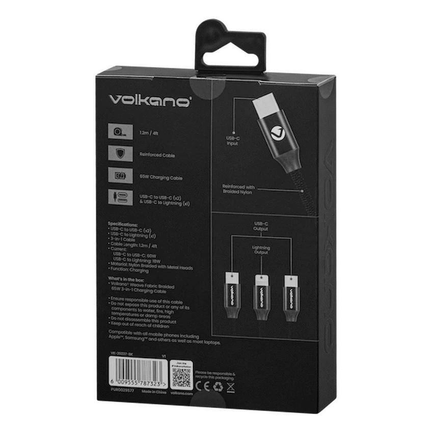 Volkano Weave Series 65w 3-in-1 Charge Cable - Black - Image 3