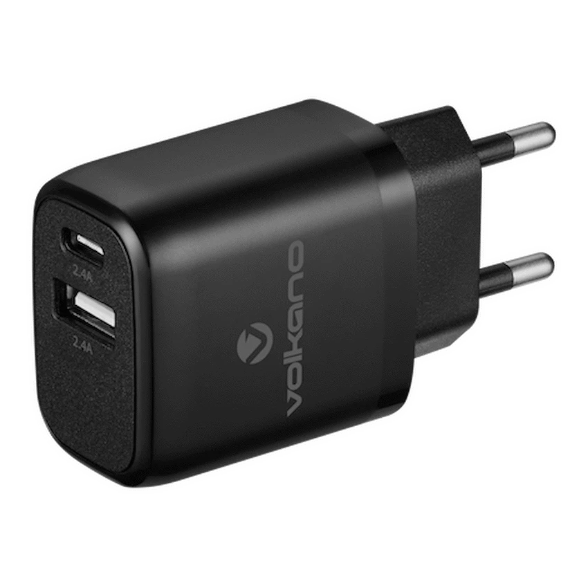 Volkano Cupla Series 5v/2.4a 12w Dual USB-A & USB-C Wall Charger - Black - Image 3