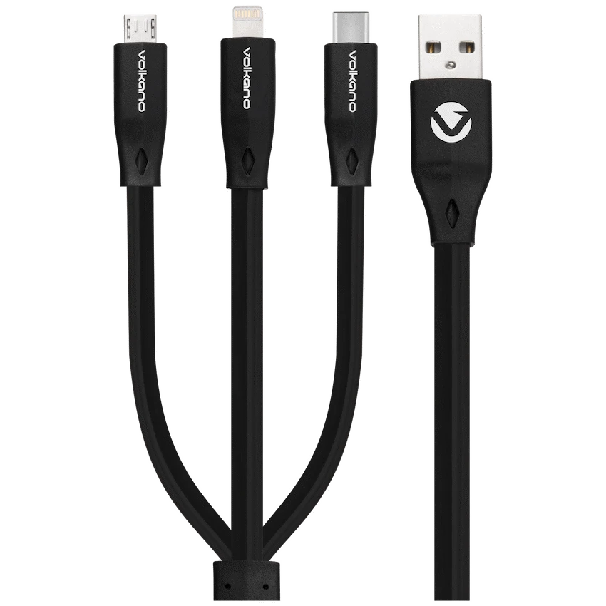 Volkano Slim Series Flat PVC 3-in-1 (Type-C / Lightning / Micro) Cable 1m - Black