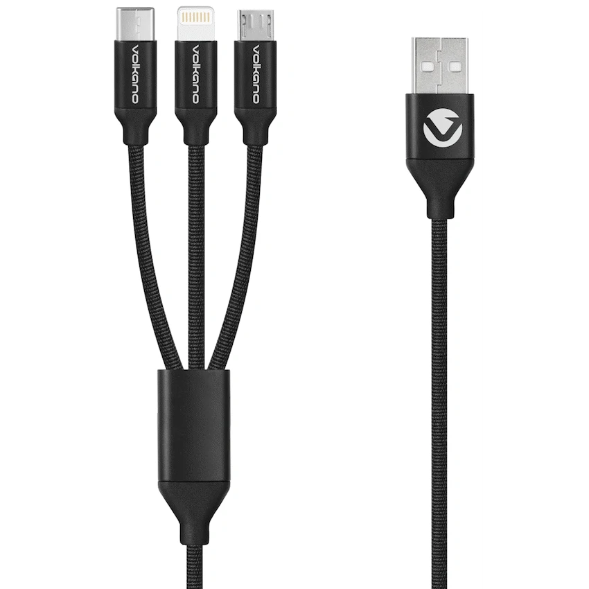 Volkano Weave Series Fabric Braided 3-in-1 (Type-C/Lightning/Micro) Cable 1m - Black
