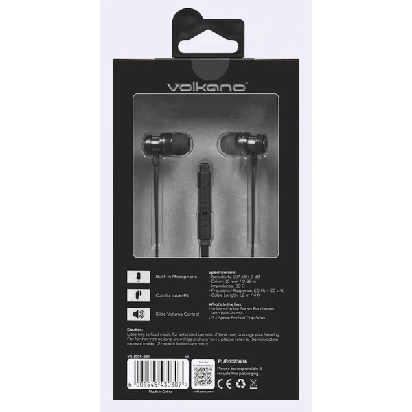 Volkano Alloy Series Earphones, with Mic - Solid Black - Image 2