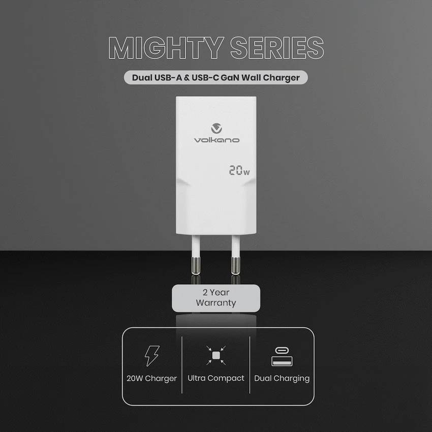 Volkano Mighty Series 20w Dual USB-A & USB-C GaN Wall Charger - Image 3